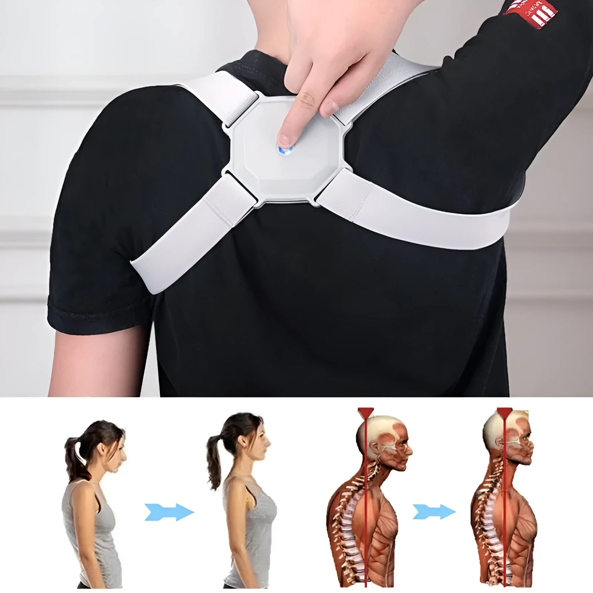 Gray adjustable smart posture corrector belt for kids and adults with real-time assessment, 210g