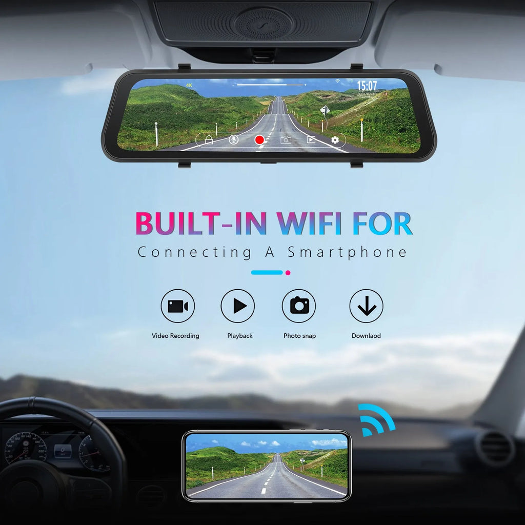 Car streaming media rear view mirror dash cam with 9.66 inch touch screen showing dual camera display