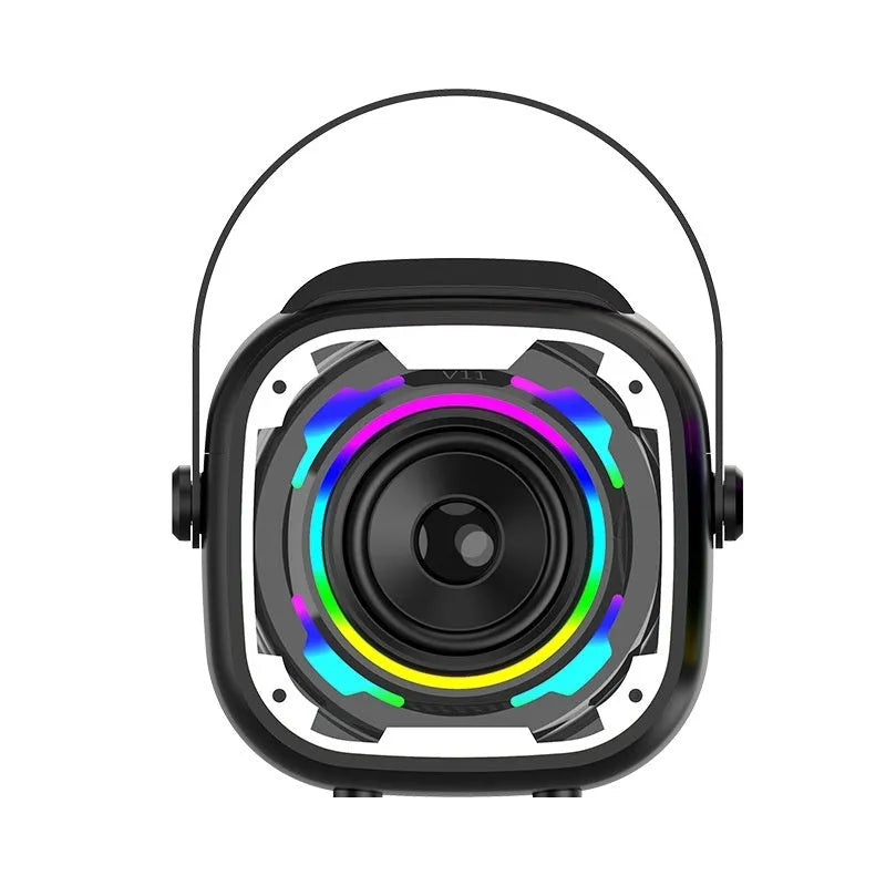 Portable Bluetooth speaker with integrated karaoke microphone in black, white, yellow, or pink