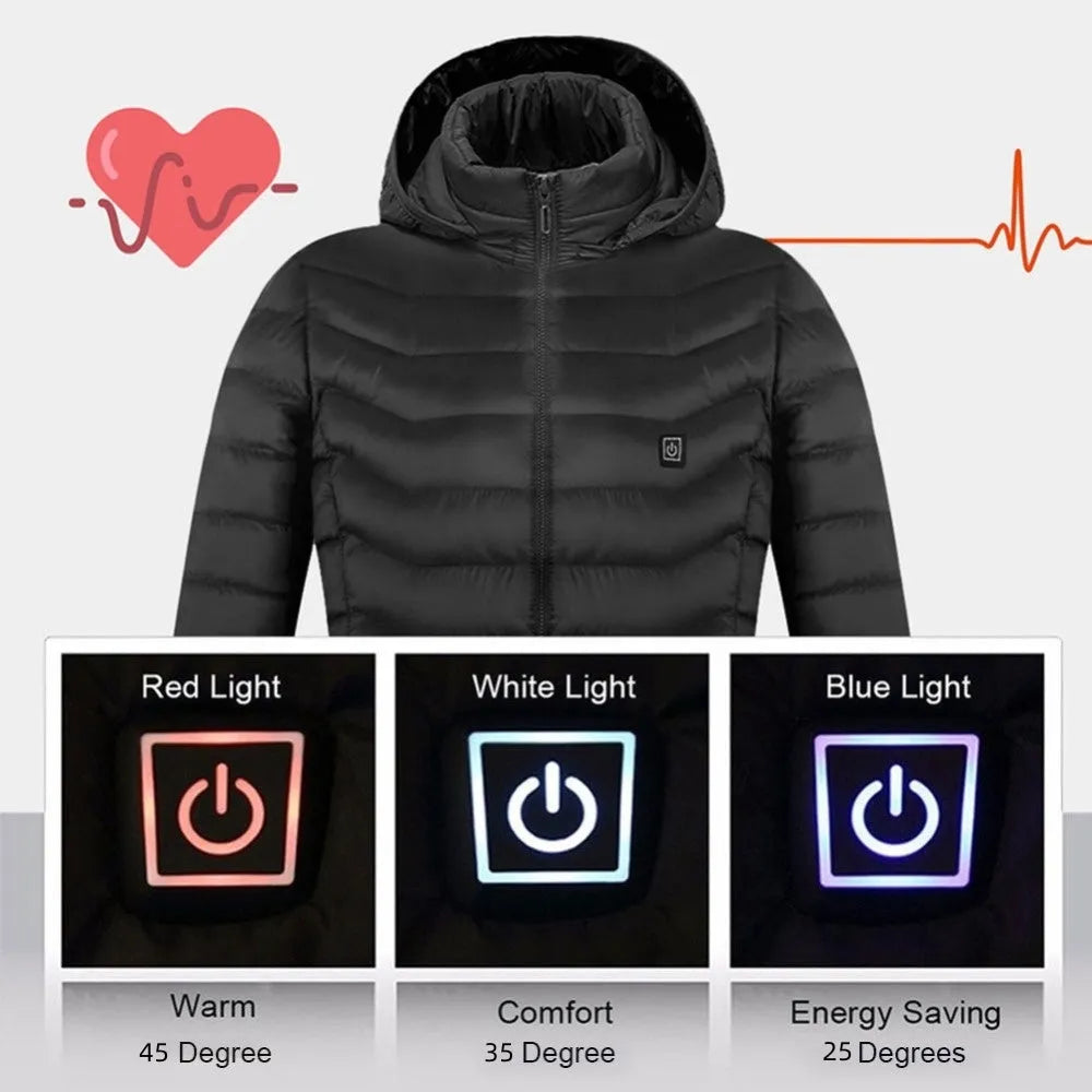Black USB heated jacket with removable hood on a model showing front view and elastic cuffs