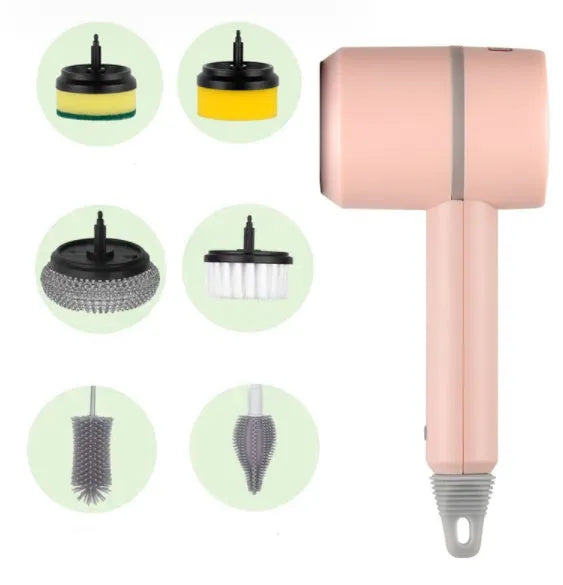 White electric cleaning brush with rotating scrub head and separate scouring pad attachment