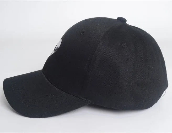 Alien head embroidered baseball cap in black with green label, unisex cotton satin weave