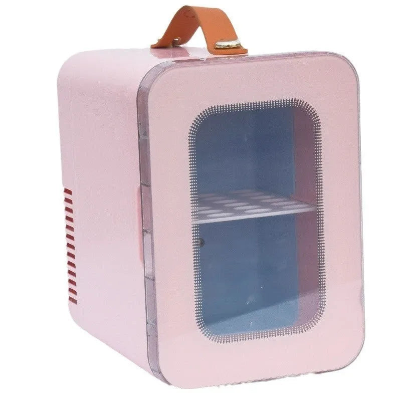 Beauty mini refrigerator with transparent door in pink, black, or white colours for car and home use