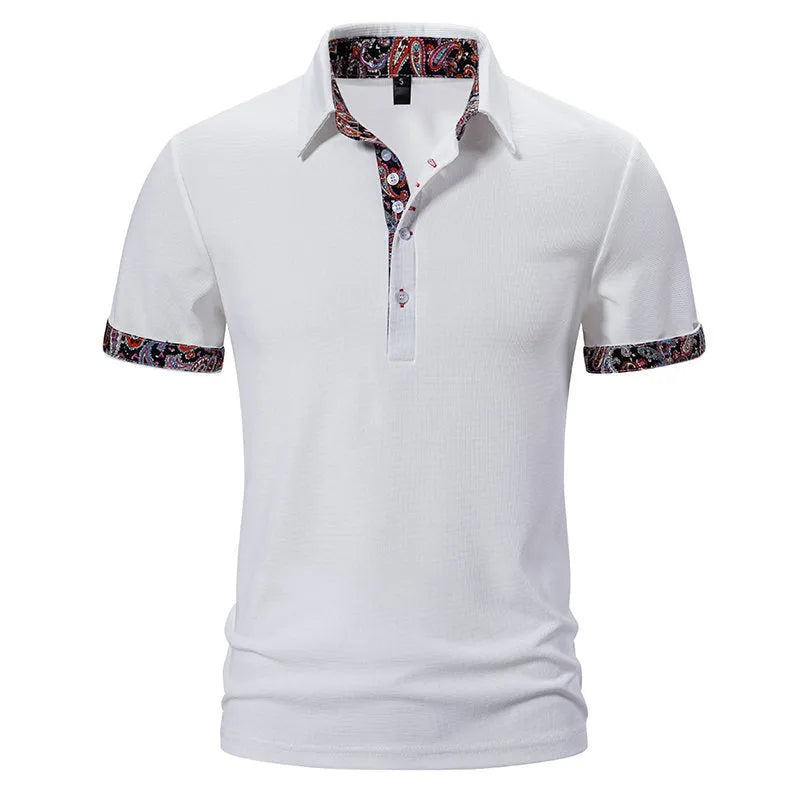 Men's short sleeve polo shirt with a turnover collar and colour stitching detail in a cotton blend fabric.