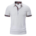 Men's short sleeve polo shirt with a turnover collar and colour stitching detail in a cotton blend fabric.
