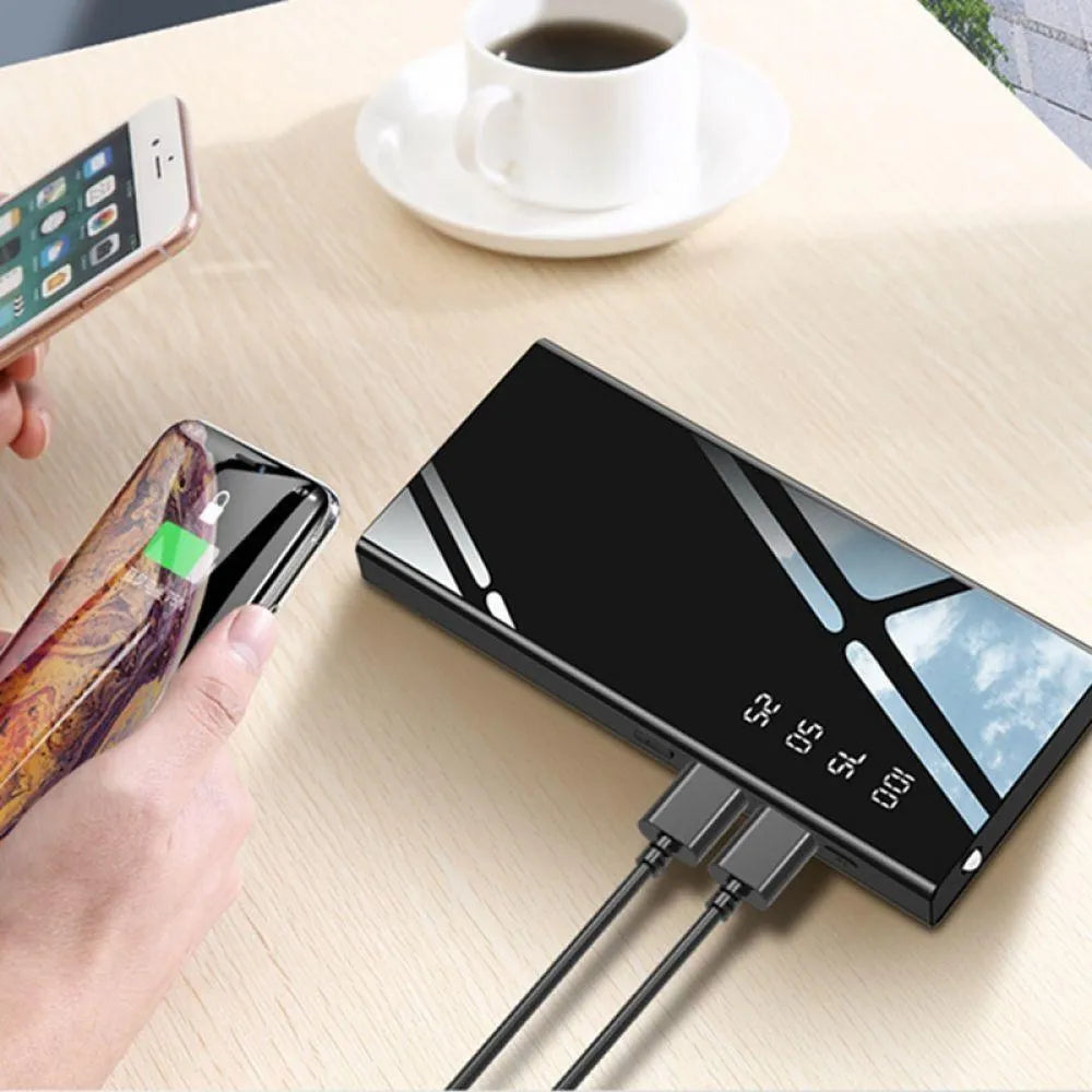 Black 20000mAh portable power bank showing LCD display and two USB ports.