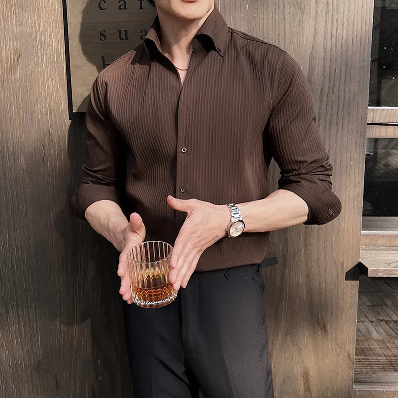 Men's dark striped V-neck long sleeve cardigan shirt in chemical fiber blend fabric