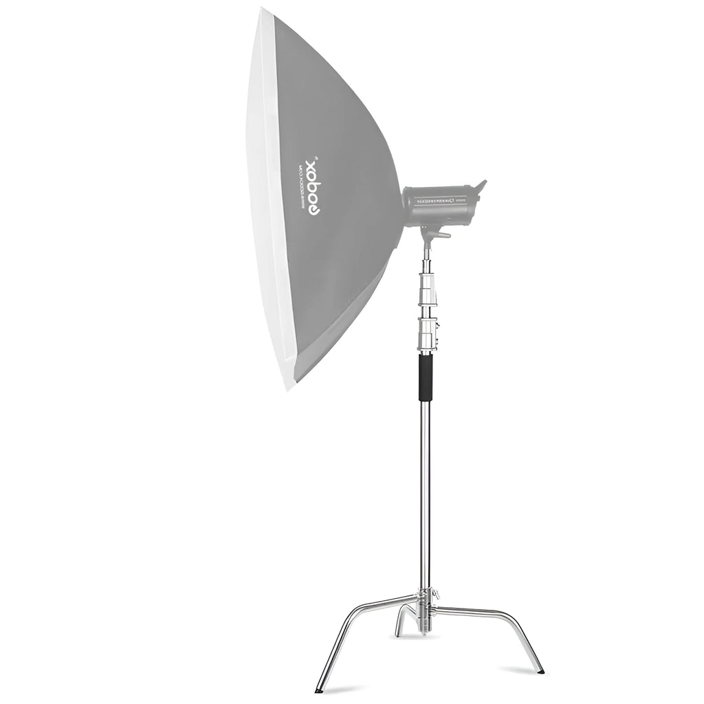 Silver stainless steel light stand with C-frame tripod base for photography and video lighting
