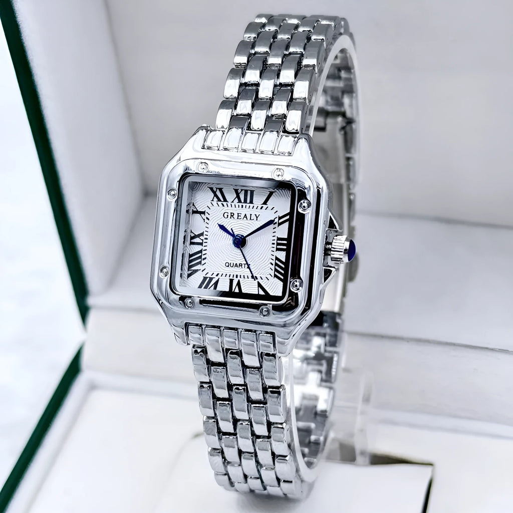 Waterproof women's square watch with alloy band and mineral glass mirror in gold white colour