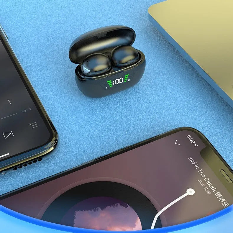 Black wireless Bluetooth Super Mini in-ear headphones with digital display screen