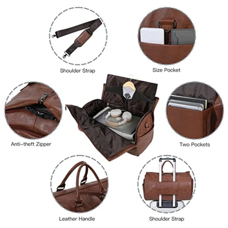 Convertible travel clothing carry-on luggage bag in waterproof PU leather, solid colour, 36-55L capacity