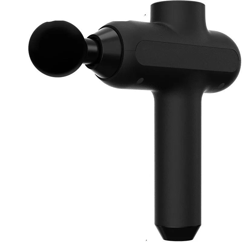 Black rechargeable muscle massager with 5 gear settings and 6 different massage head attachments.