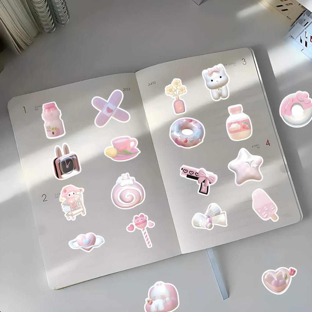 Pack of cute pink 3D girl heart decorative stickers shown in two colour variants.