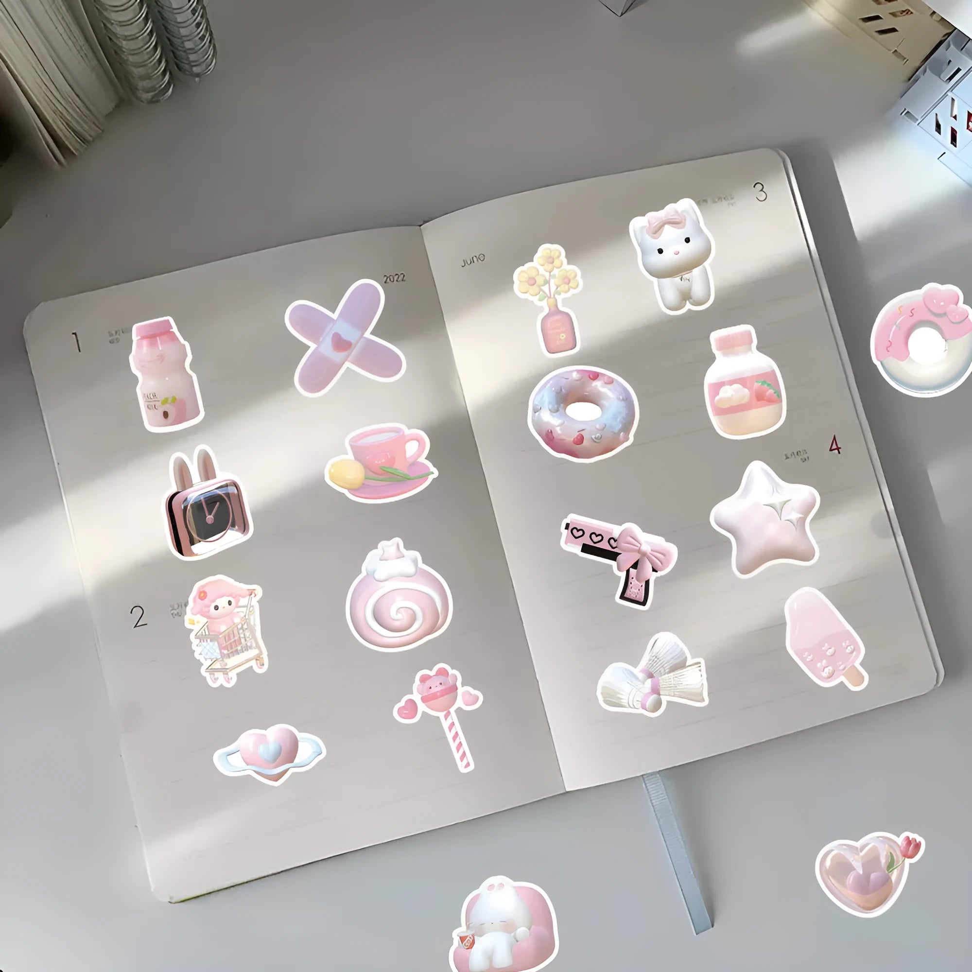 Pack of cute pink 3D girl heart decorative stickers shown in two colour variants.