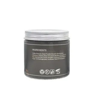 Jar of Coconut Oil Coffee Scrub exfoliating deep cleansing granules with coffee and coconut oil ingredients