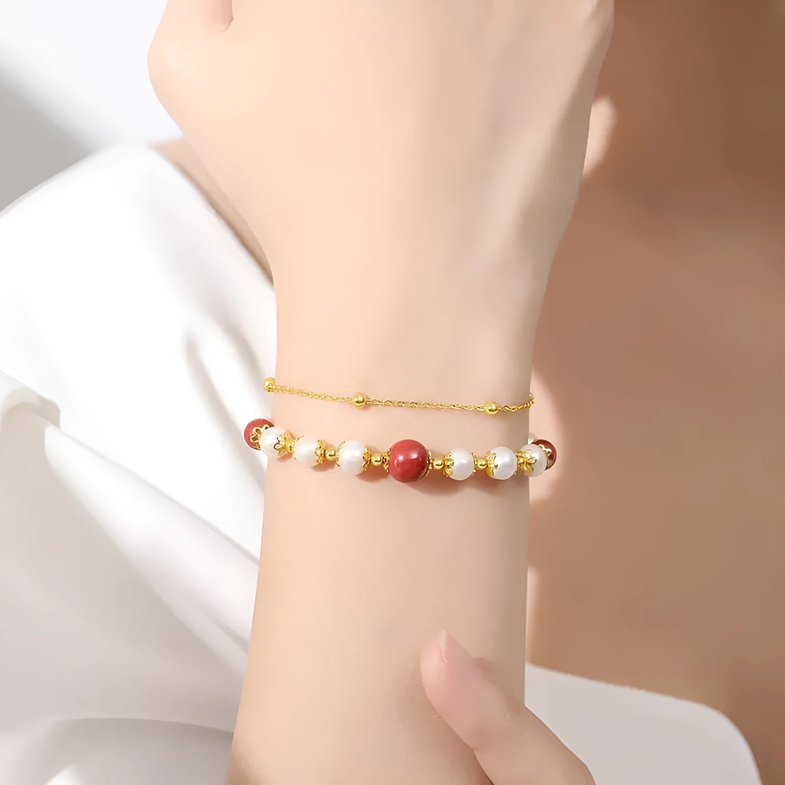 Women's sterling silver double-layer bracelet with freshwater pearls and cinnabar red beans