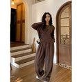 Women's loose-fitting khaki sports suit, featuring a long-sleeve top and full-length trousers in a Japanese Korean casual style.