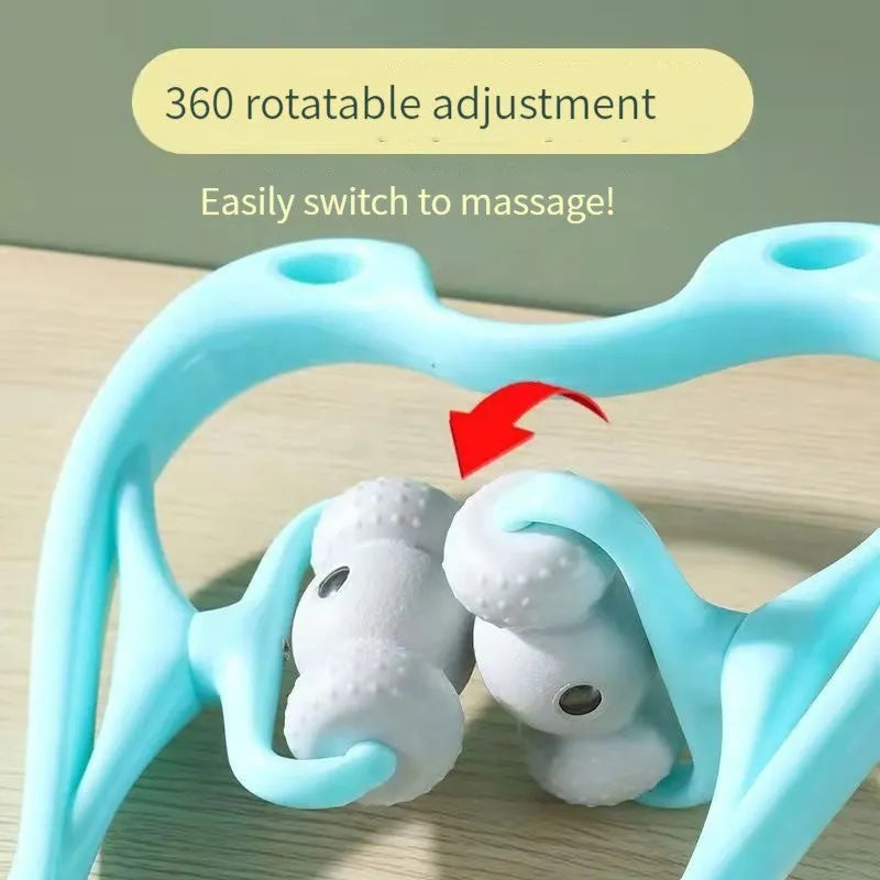 Blue handheld neck massager roller with pressure points on a grey background