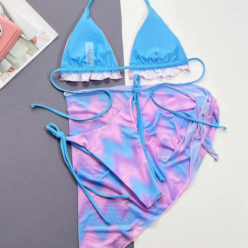 Women's tie-dye pattern bikini swimsuit with skirt, bra, and panties in picture colour