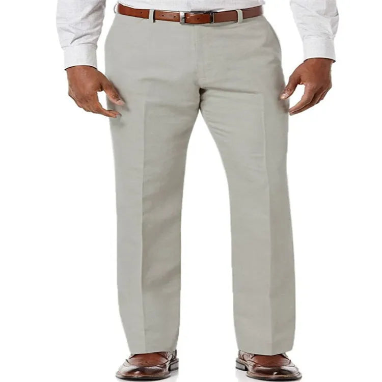 Men's beige white linen-cotton trousers with slant pockets on a solid colour background