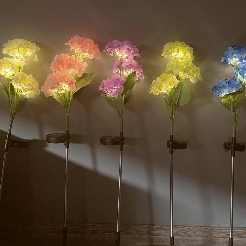 Solar hydrangea garden decorative light in floral design with rubber construction for outdoor placement