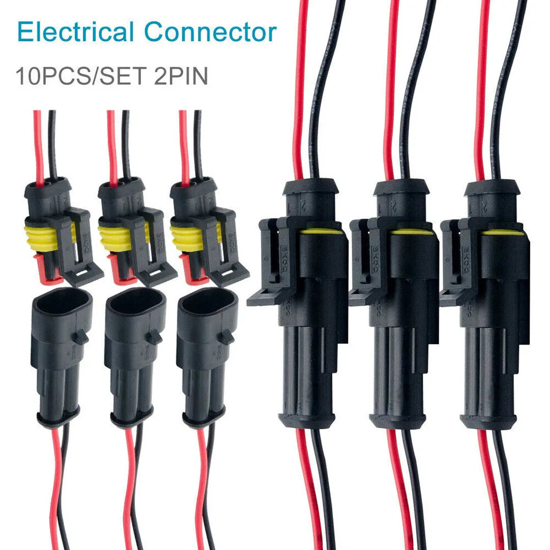 2-pin car waterproof wire connector plug socket 7cm cable copper black 10 pack