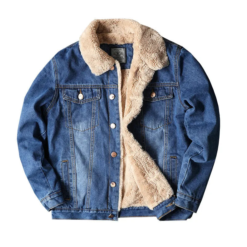 Fleece-lined denim coat jacket in blue, solid colour, regular fit, with dimensional patch pockets