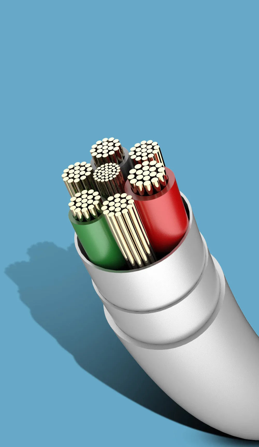 White 3-in-1 USB fast charge cable with micro USB and TYPE-C connectors on a 1.2 metre PVC cord.
