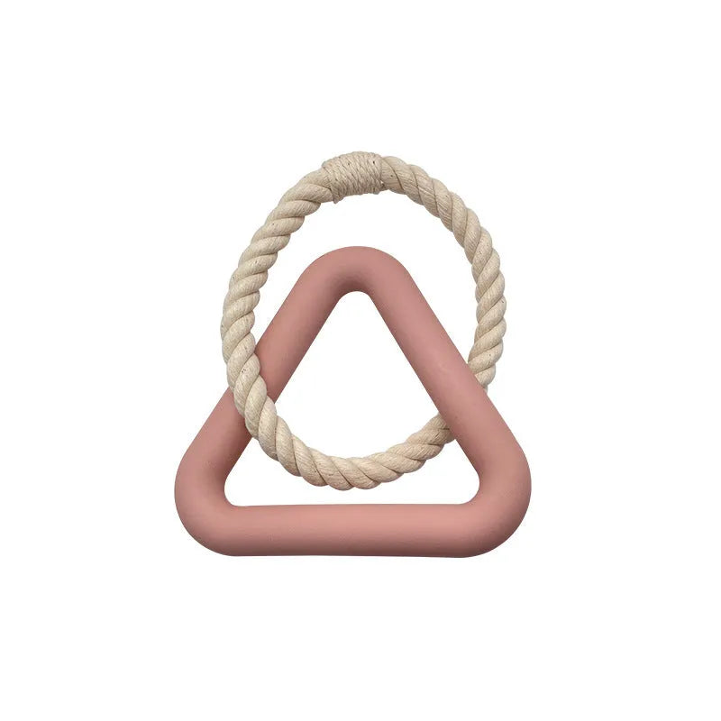 Triangular cotton rope dog pull toy in beige colour on wooden floor