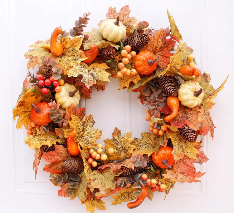 Autumn pumpkin wreath with fabric leaves simulation pumpkins berries pine cones on natural vine ring 50cm diameter