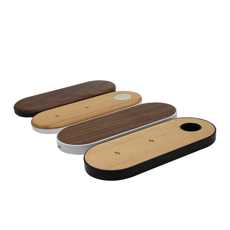 Natural bamboo and wood wireless charging pad on a desk