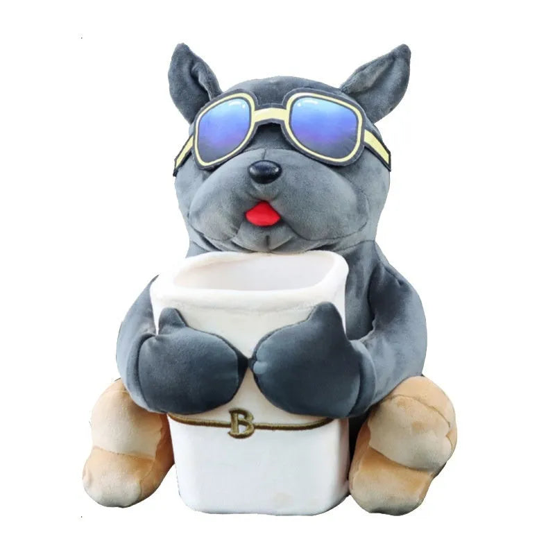 Plush car tissue box hanging from armrest showing 27x33cm dimensions and novelty dog design