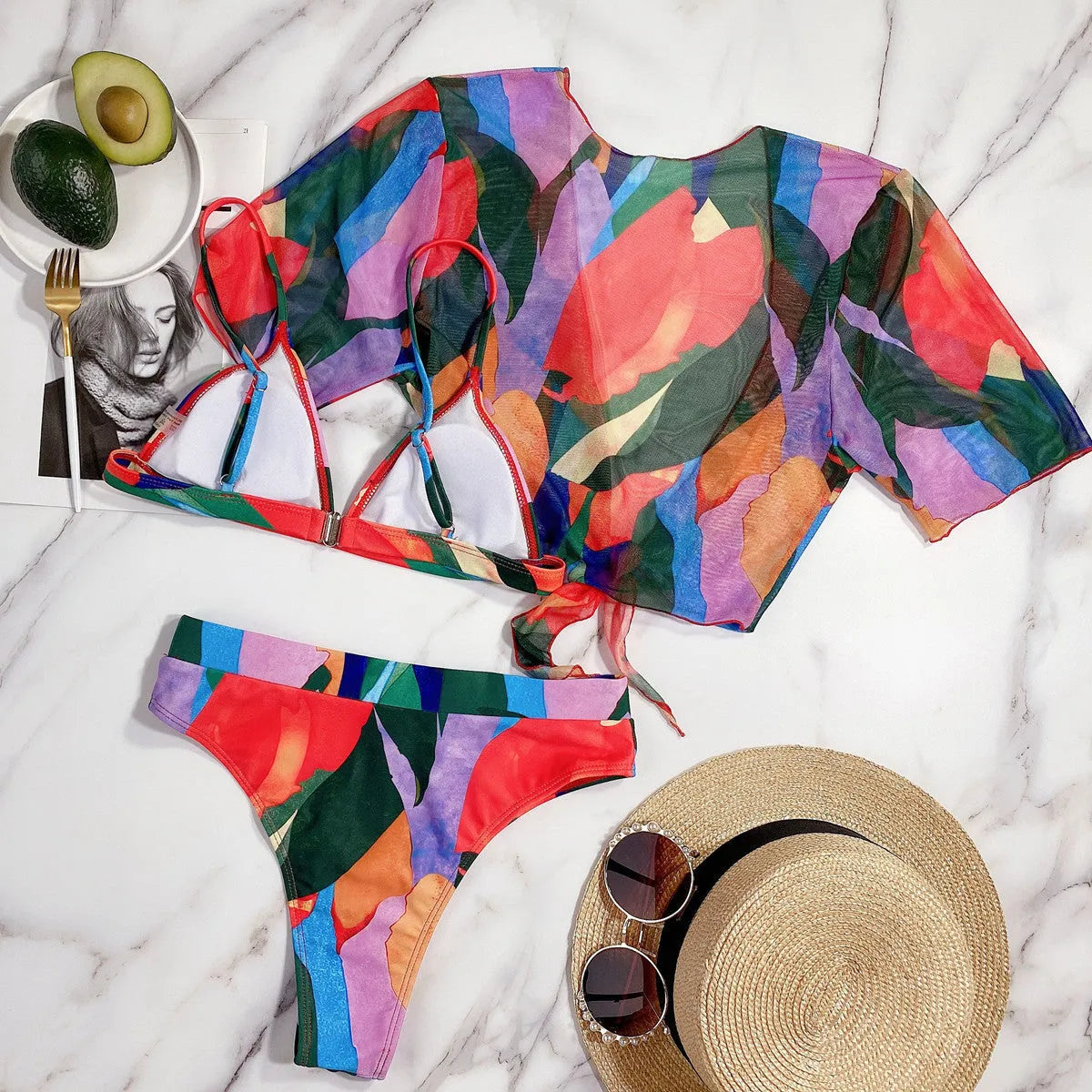 Red women's printed split swimsuit made of nylon for swimming and wading sports.