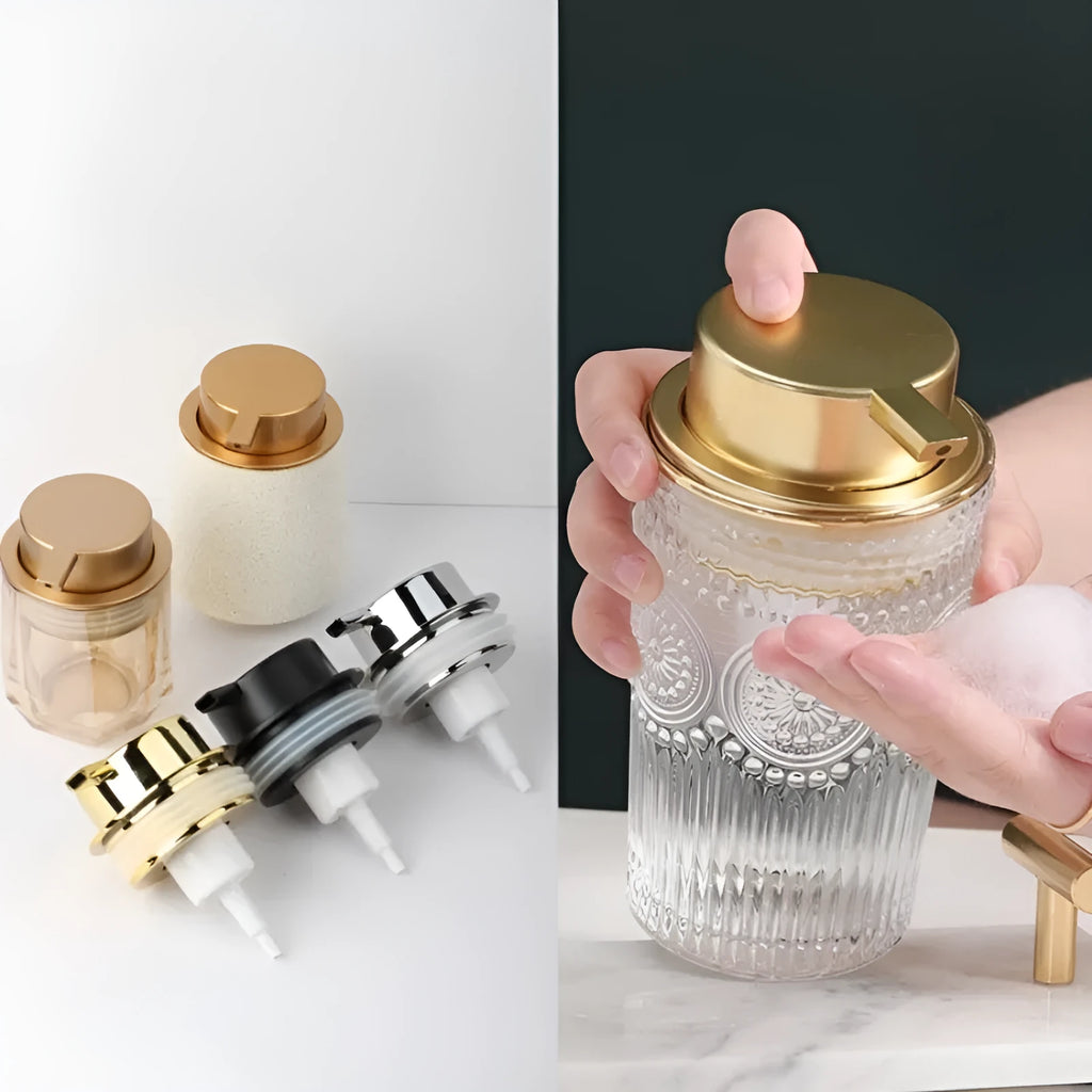 Foam pump facial cleanser dispenser with hand push mechanism in metallic finish