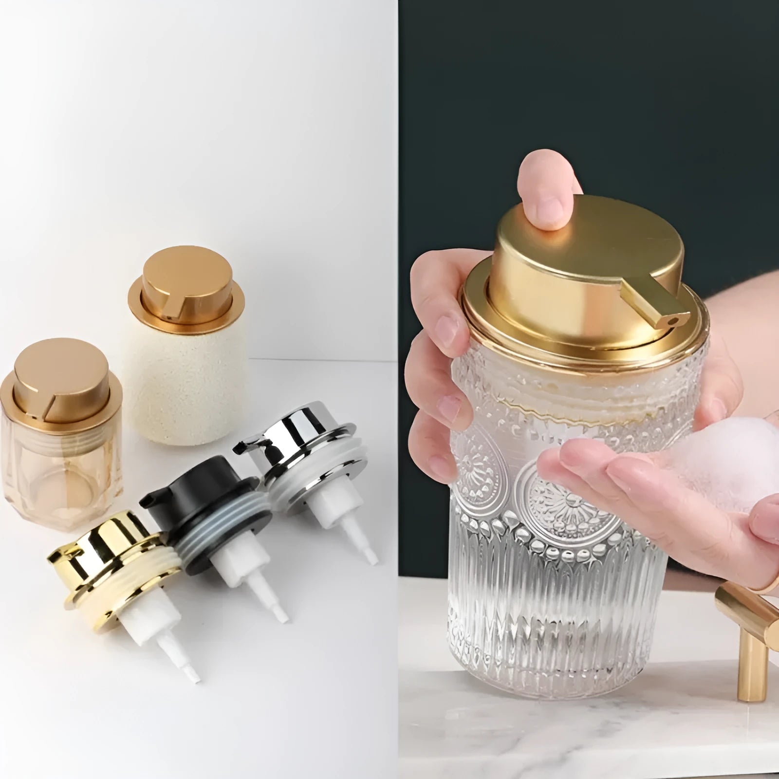 Foam pump facial cleanser dispenser with hand push mechanism in metallic finish