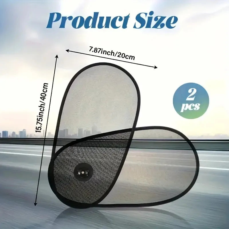 Black stretchy car side window sunshade with suction cups fitted on a car window