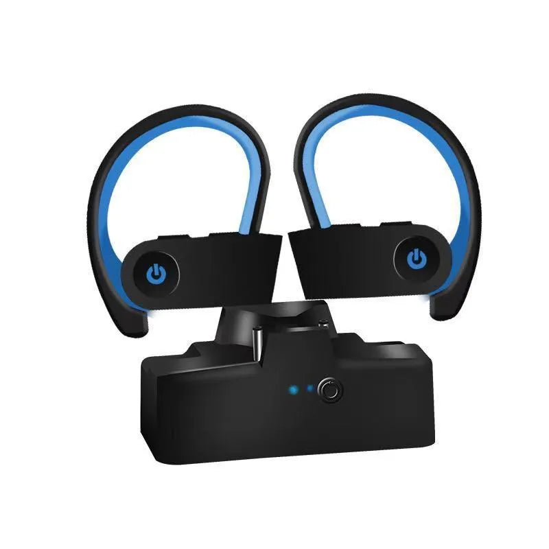 Ear hook sport wireless headphone in black with stereo sound and voice control for active use