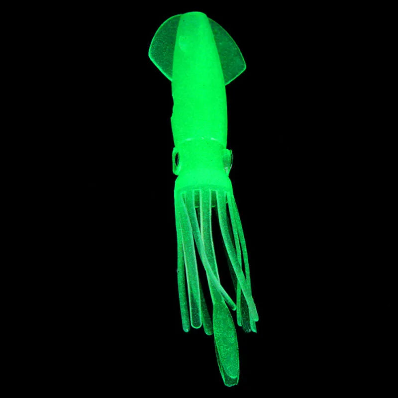 Pack of 10 luminous squid baits in light green, 105mm long, soft plastic bionic shape
