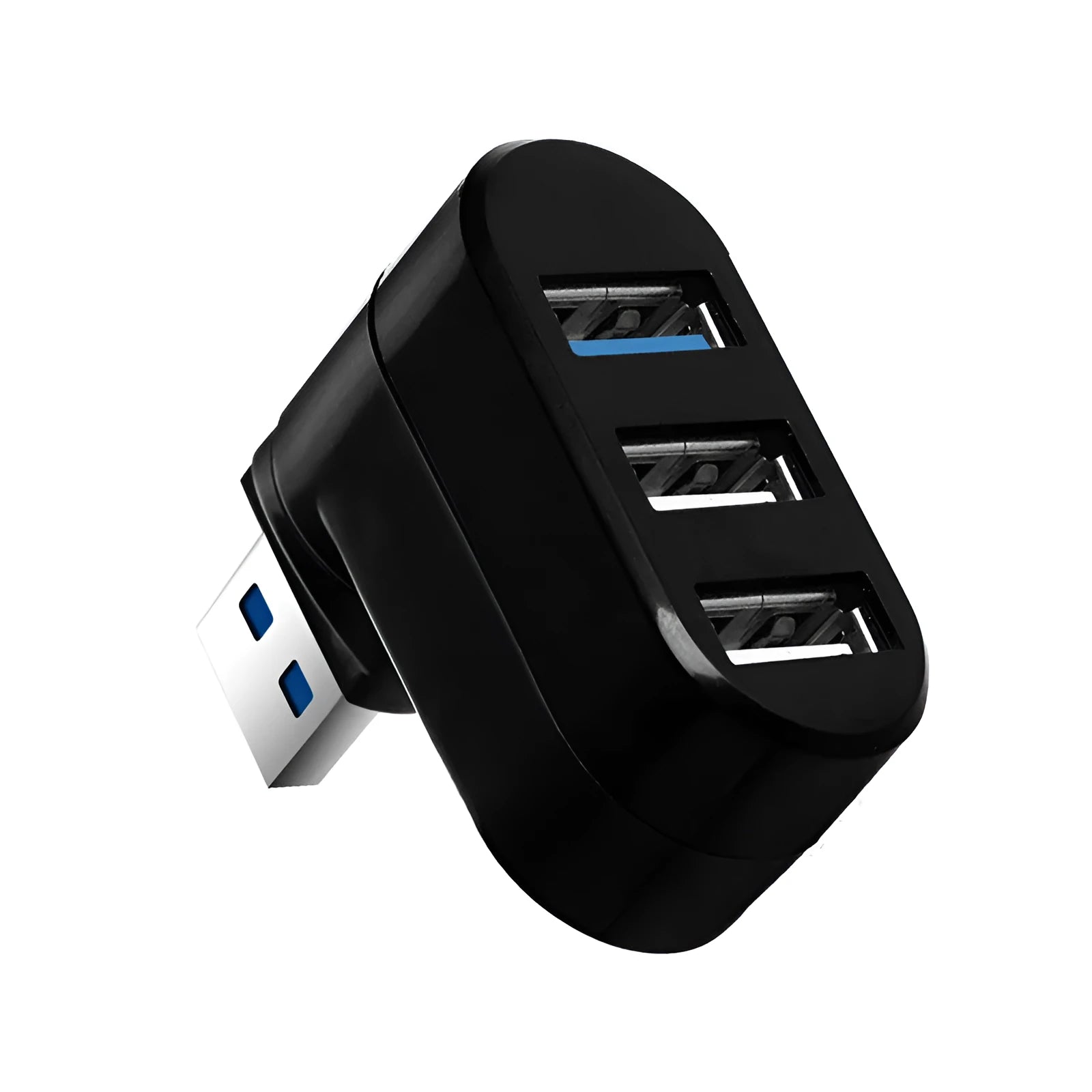 Black USB rotary splitter hub with four ports on a rotating white ABS body, shown on a desk.