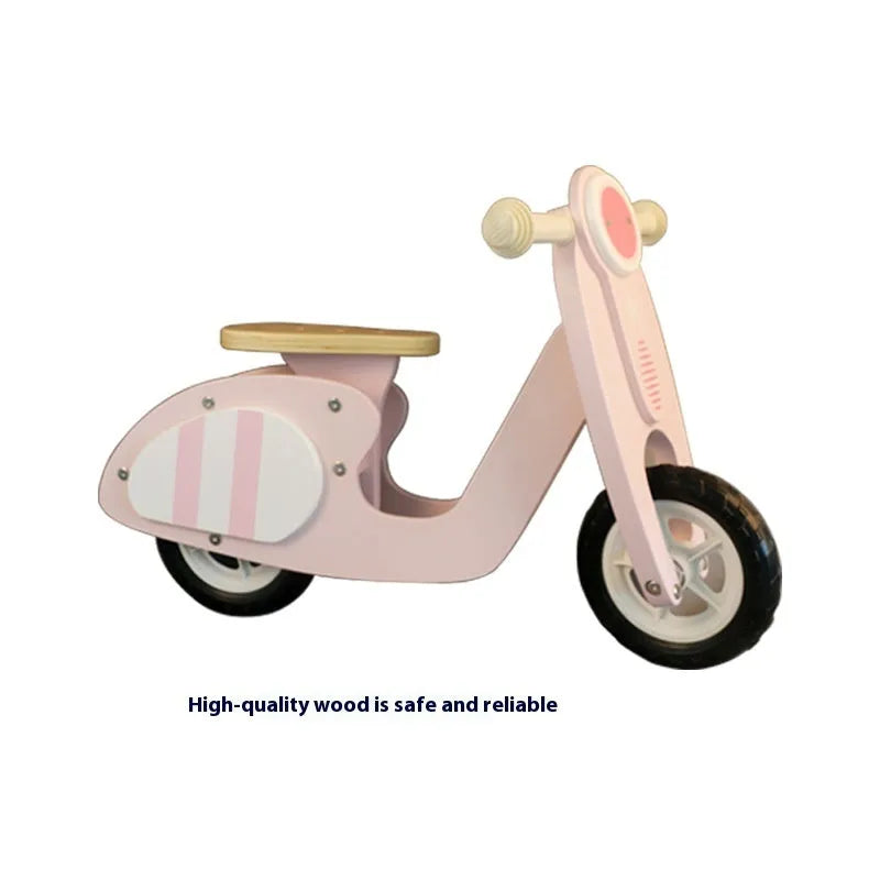 Pink wooden balance scooter with 10-inch wheels for toddlers aged 1-6 years