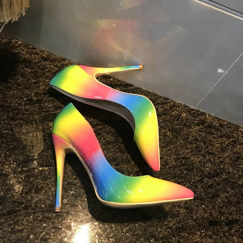 Rainbow patent leather women's stiletto heels with pointed toe and ultra-high thin heel.