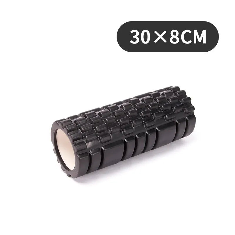 A firm EVA foam roller for fitness and yoga, shown in a selection of colours including black, pink, and sky blue.