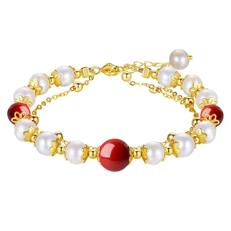 Women's sterling silver double-layer bracelet with freshwater pearls and cinnabar red beans