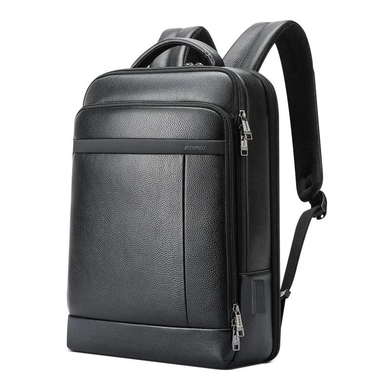 Black genuine leather business backpack with USB charging port and decorative stitching