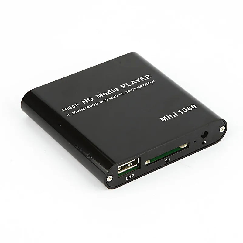 Compact black 1080P HDMI media player with USB and SD card slots