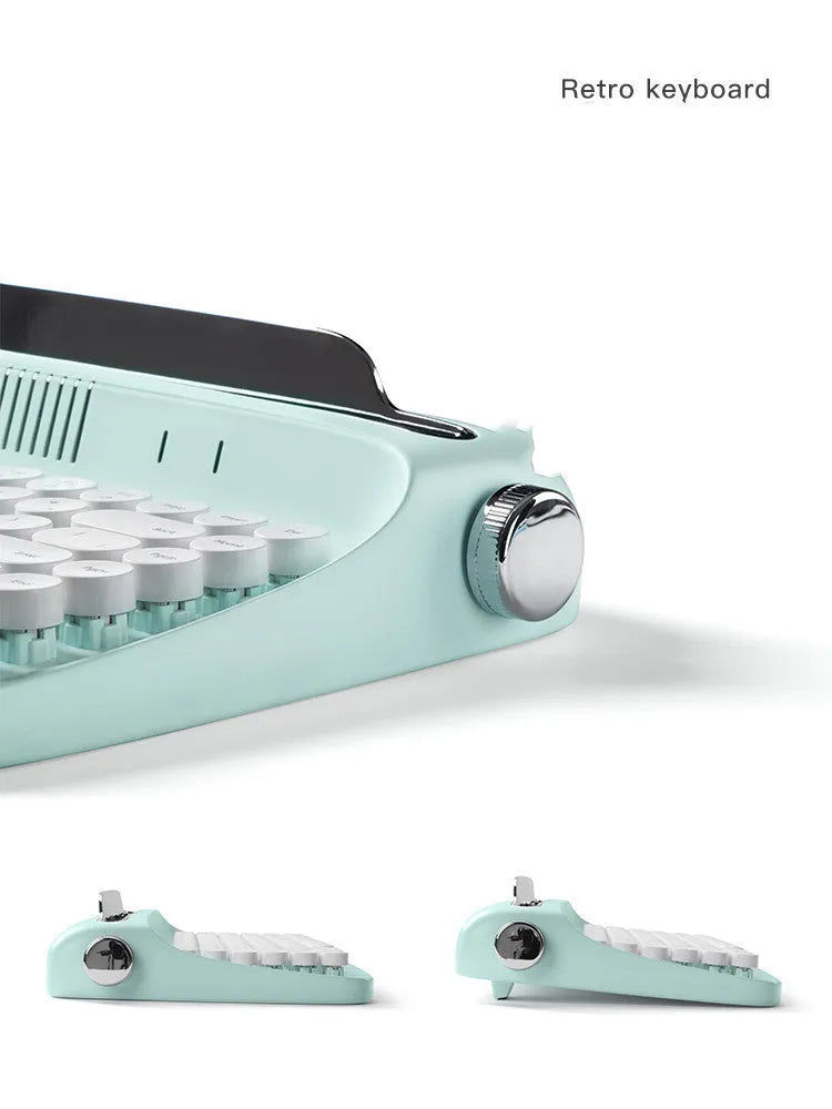 Retro iPad Bluetooth keyboard and mouse set with adjustable bracket, shown in mint green, beige, pink, white, or navy blue.