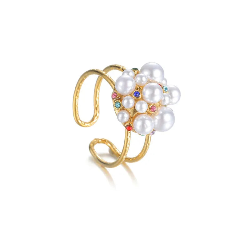 Women's stainless steel open ring with pearl decoration and zircon accents in heart shape