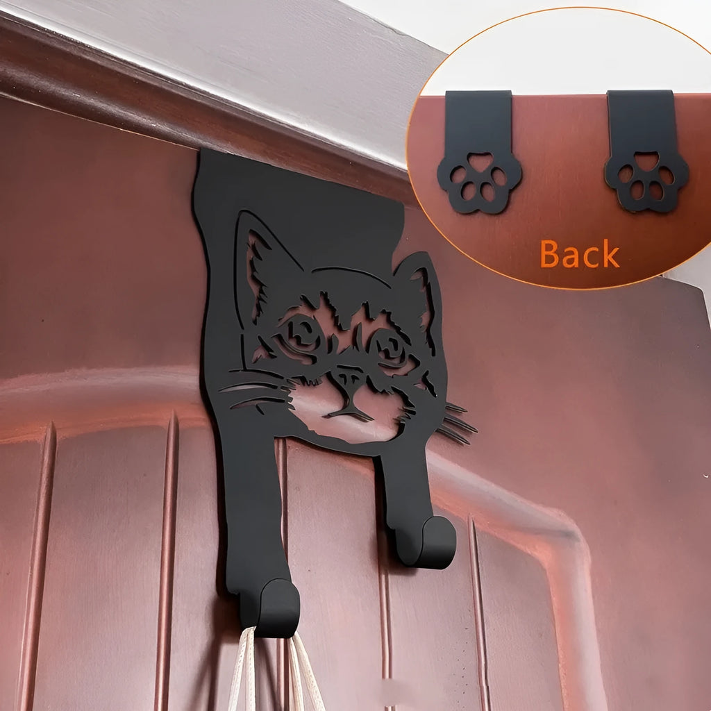 Black decorative iron cat wall hook with punch-free adhesive mounting system
