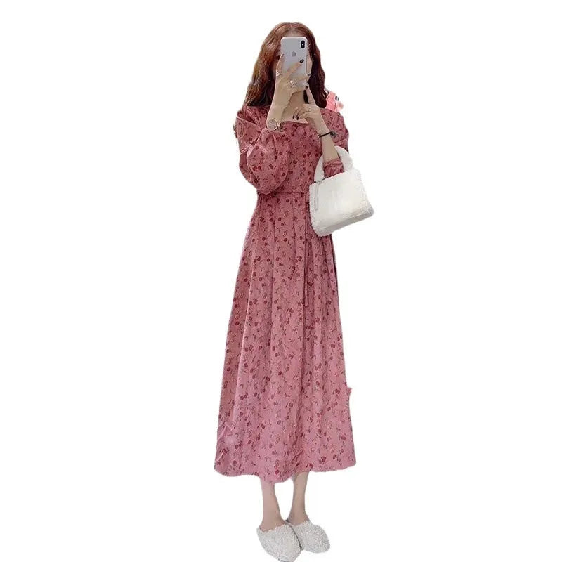 Red knitted cotton floral sweet cover dress with princess sleeves and elastic high waist
