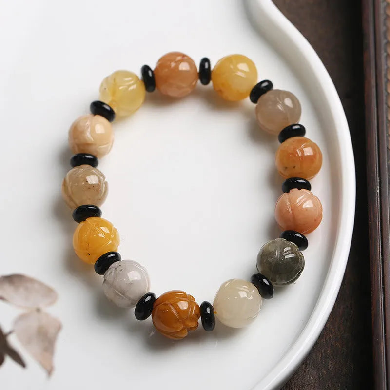 Hetian natural jinsi jade bracelet with pumpkin beads and lotus beads in ethnic style